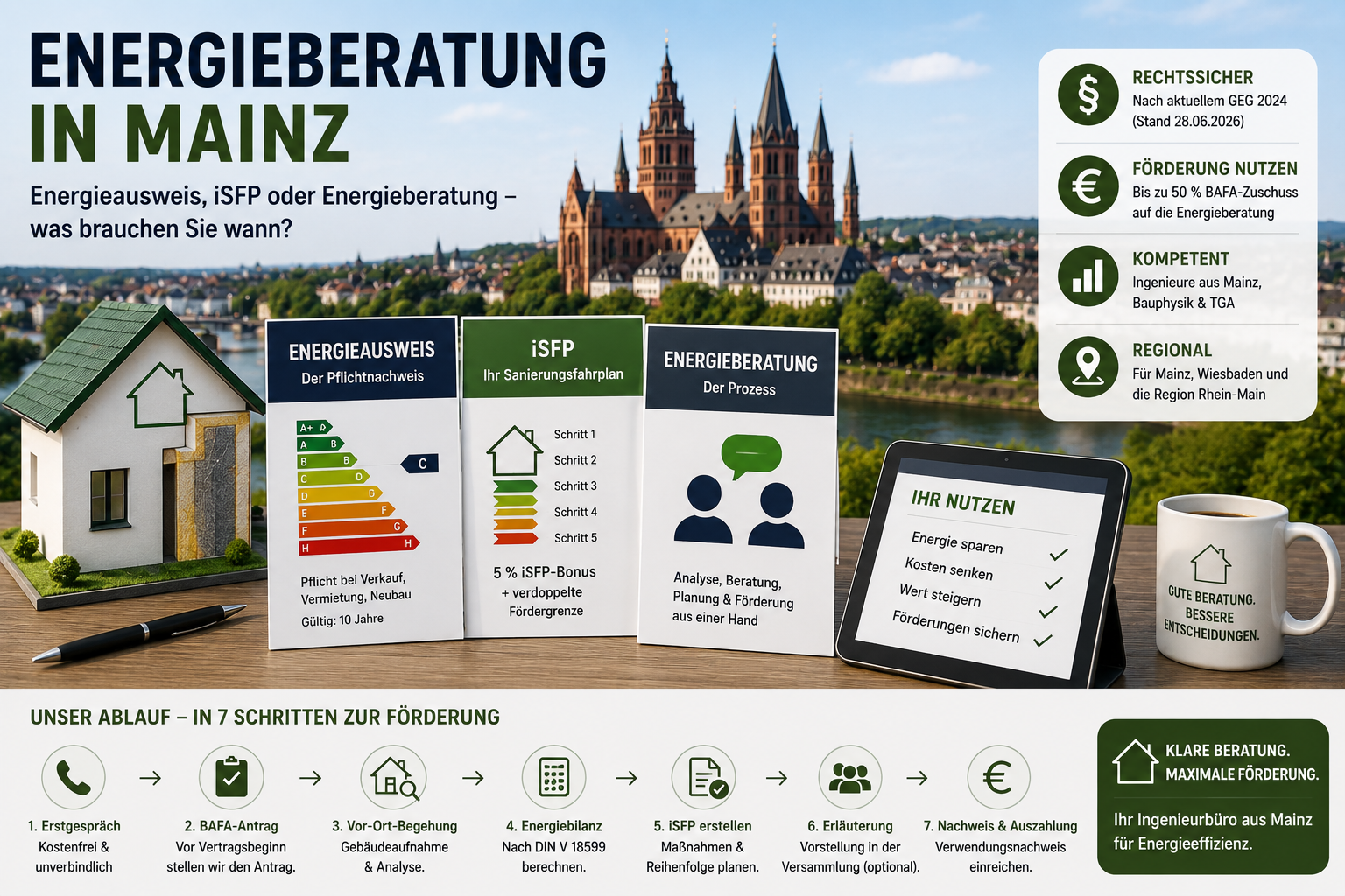 Schema eines Blower Door Tests mit Ventilator in der Außentür zur Luftdichtheitsmessung