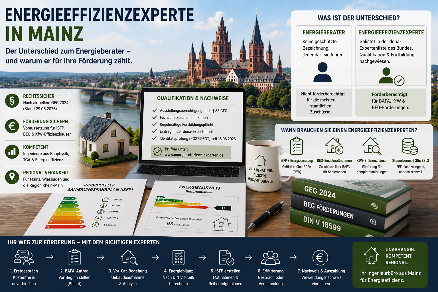 Thermografie einer Mainzer Altbaufassade zeigt Wärmebrücken an Fenstern und Geschossdecke.