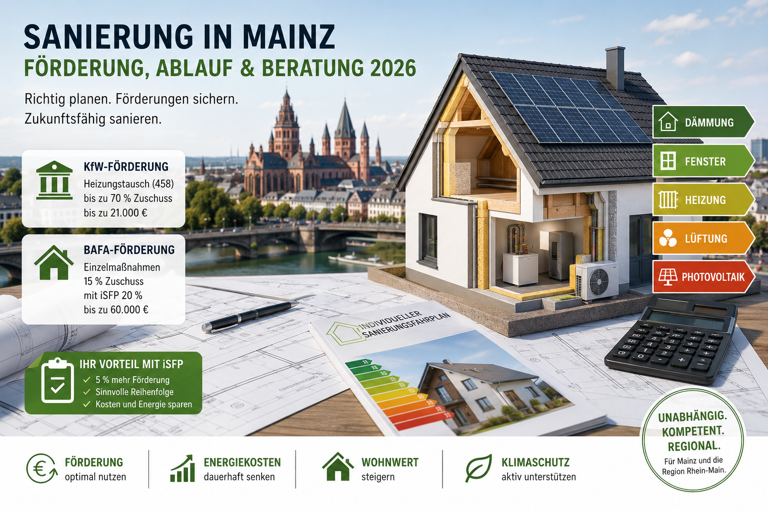 Thermografie-Aufnahme eines Wohnhauses in Mainz mit Wärmeverlusten an Fenstern und Fassade.
